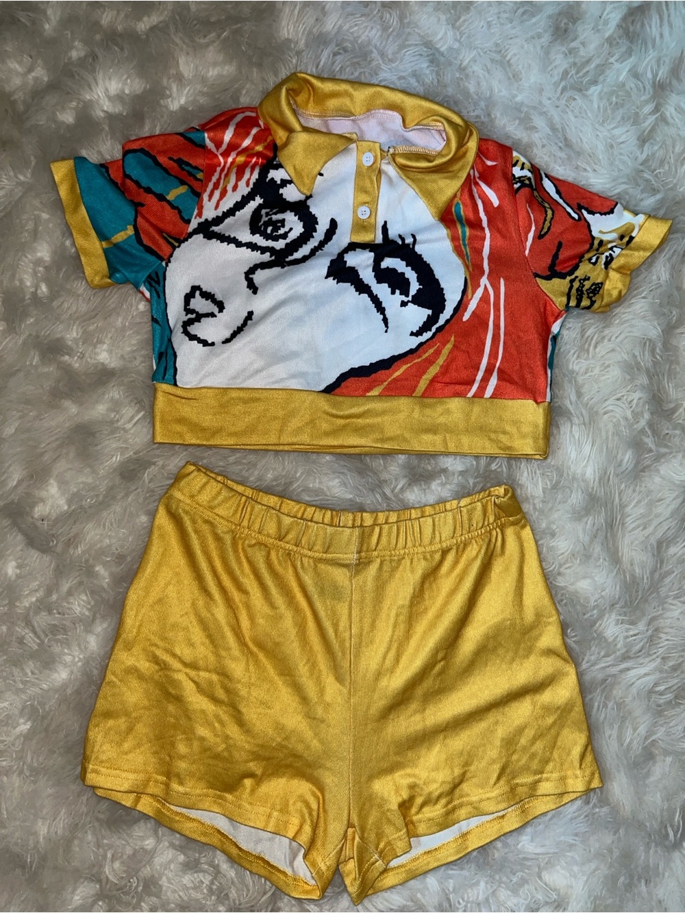 Yellow Pop-Art Polo Crop Top & Shorts Set
